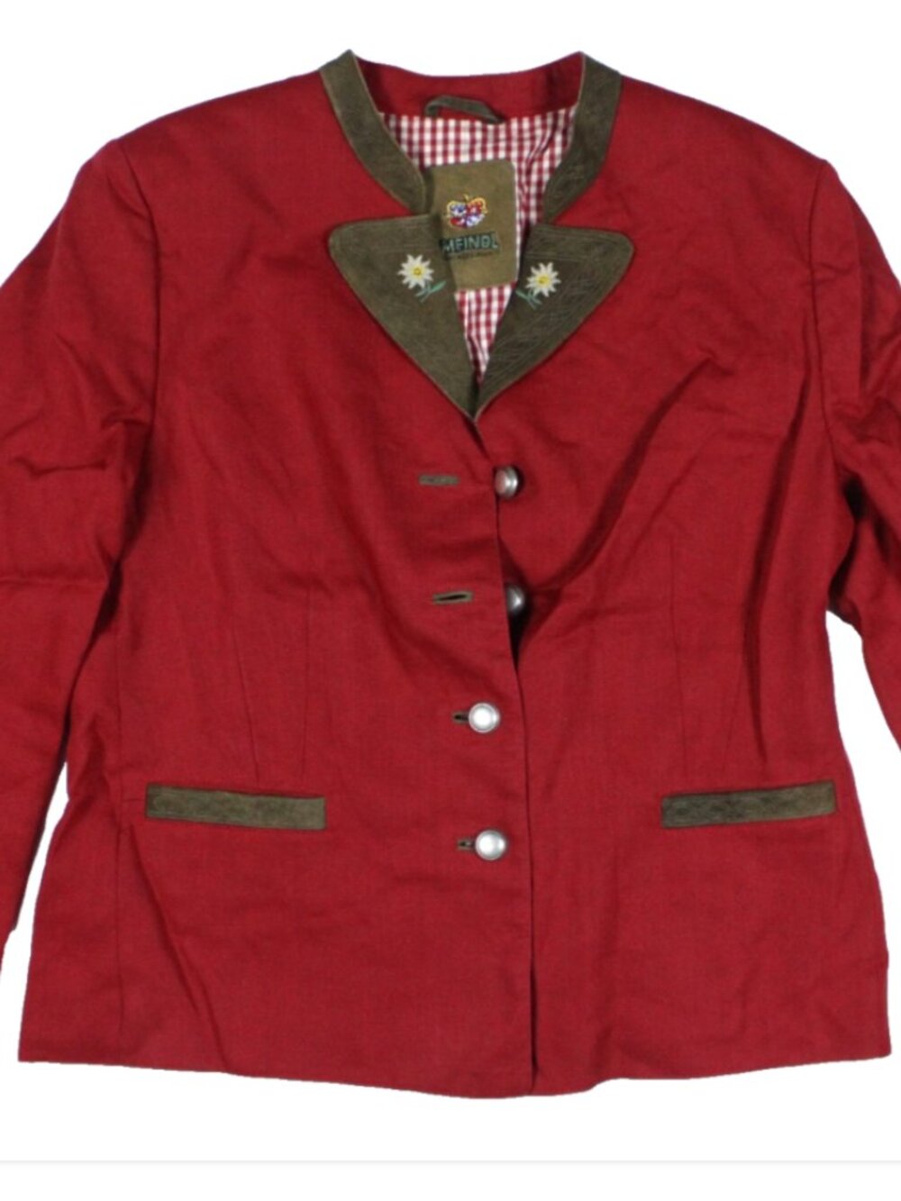Octoberfest Red Jacket with Brown leather Linen meindl sz S Bavarian Miendl